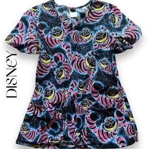 CCO Drop Disney Cheshire Cat Halloween Scrub Top With Side Slits And Pockets